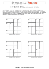 printable 4 by 4 medium level Mathdoku, KenKen-like, math puzzles for young and old