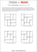 printable 4 by 4 medium level Mathdoku, KenKen-like, math puzzles for young and old