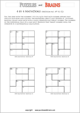 printable 4 by 4 medium level Mathdoku, KenKen-like, math puzzles for young and old