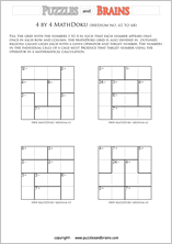 printable 4 by 4 medium level Mathdoku, KenKen-like, math puzzles for young and old