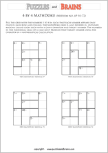 printable 4 by 4 medium level Mathdoku, KenKen-like, math puzzles for young and old