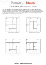 printable 4 by 4 medium level Mathdoku, KenKen-like, math puzzles for young and old