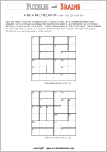 printable 6 by 6 easier level Mathdoku, KenKen-like, math puzzles for young and old