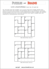 printable 6 by 6 easier level Mathdoku, KenKen-like, math puzzles for young and old