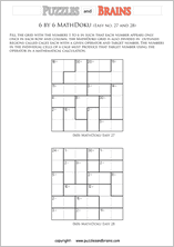 printable 6 by 6 easier level Mathdoku, KenKen-like, math puzzles for young and old