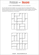 printable 6 by 6 easier level Mathdoku, KenKen-like, math puzzles for young and old