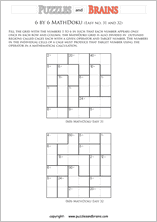 printable 6 by 6 easier level Mathdoku, KenKen-like, math puzzles for young and old