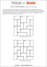 printable 6 by 6 easier level Mathdoku, KenKen-like, math puzzles for young and old