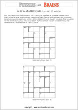 printable 6 by 6 easier level Mathdoku, KenKen-like, math puzzles for young and old