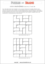 printable 6 by 6 easier level Mathdoku, KenKen-like, math puzzles for young and old