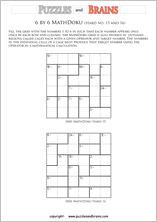 printable 6 by 6 difficult level Mathdoku, KenKen-like, math puzzles for young and old