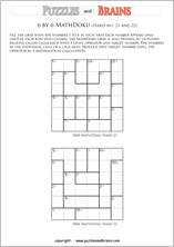 printable 6 by 6 difficult level Mathdoku, KenKen-like, math puzzles for young and old