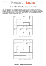 printable 6 by 6 difficult level Mathdoku, KenKen-like, math puzzles for young and old