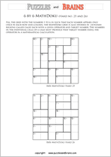 printable 6 by 6 difficult level Mathdoku, KenKen-like, math puzzles for young and old