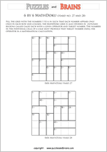 printable 6 by 6 difficult level Mathdoku, KenKen-like, math puzzles for young and old