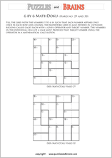 printable 6 by 6 difficult level Mathdoku, KenKen-like, math puzzles for young and old