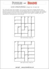 printable 6 by 6 difficult level Mathdoku, KenKen-like, math puzzles for young and old