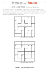 printable 6 by 6 difficult level Mathdoku, KenKen-like, math puzzles for young and old