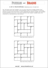 printable 6 by 6 medium level Mathdoku, KenKen-like, math puzzles for young and old