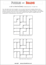 printable 6 by 6 medium level Mathdoku, KenKen-like, math puzzles for young and old