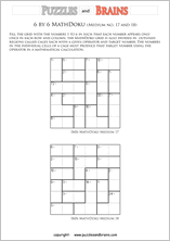 printable 6 by 6 medium level Mathdoku, KenKen-like, math puzzles for young and old