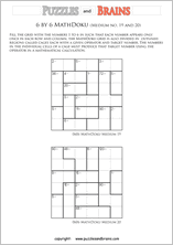 printable 6 by 6 medium level Mathdoku, KenKen-like, math puzzles for young and old