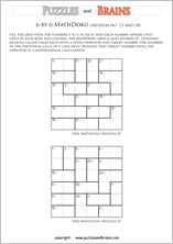 printable 6 by 6 medium level Mathdoku, KenKen-like, math puzzles for young and old