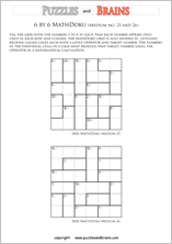 printable 6 by 6 medium level Mathdoku, KenKen-like, math puzzles for young and old