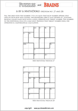 printable 6 by 6 medium level Mathdoku, KenKen-like, math puzzles for young and old