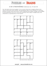 printable 6 by 6 medium level Mathdoku, KenKen-like, math puzzles for young and old