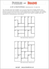 printable 6 by 6 medium level Mathdoku, KenKen-like, math puzzles for young and old