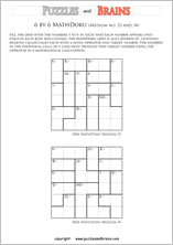 printable 6 by 6 medium level Mathdoku, KenKen-like, math puzzles for young and old