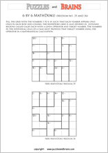 printable 6 by 6 medium level Mathdoku, KenKen-like, math puzzles for young and old