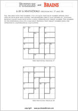 printable 6 by 6 medium level Mathdoku, KenKen-like, math puzzles for young and old