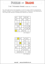 printable difficult 7 by 7 Hidato Number Snake puzzles for young and old