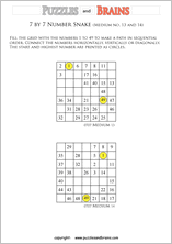 printable medium 7 by 7 Hidato Number Snake puzzles for young and old