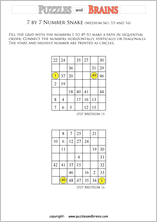 printable medium 7 by 7 Hidato Number Snake puzzles for young and old