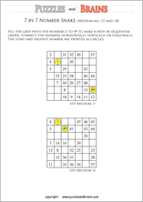 printable medium 7 by 7 Hidato Number Snake puzzles for young and old