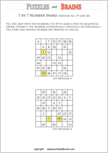 printable medium 7 by 7 Hidato Number Snake puzzles for young and old