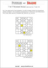 printable medium 7 by 7 Hidato Number Snake puzzles for young and old