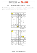 printable difficult 8 by 8 Hidato Number Snake puzzles for young and old