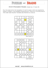 printable difficult 8 by 8 Hidato Number Snake puzzles for young and old