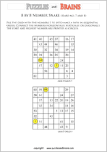 printable difficult 8 by 8 Hidato Number Snake puzzles for young and old