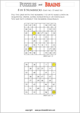 printable easier 8 by 8 Numbrix Number Snake puzzles for young and old