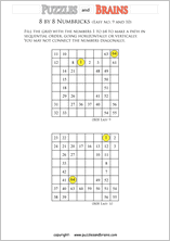 printable easier 8 by 8 Numbrix Number Snake puzzles for young and old