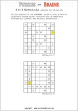 printable 8 by 8 medium level Numbrix logic IQ puzzles