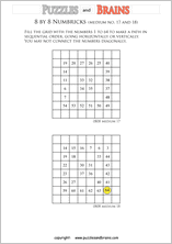 printable 8 by 8 medium level Numbrix logic IQ puzzles