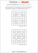 printable 8 by 8 very hard level Numbrix logic IQ puzzles