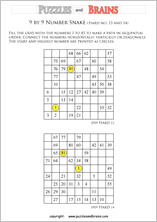 printable difficult 9 by 9 Hidato Number Snake puzzles for young and old