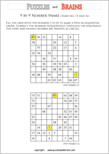 printable difficult 9 by 9 Hidato Number Snake puzzles for young and old